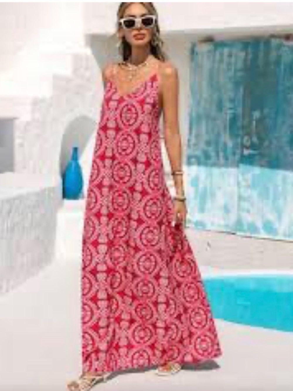 Women’s Red Patterned Maxi Dress - Sleeveless Summer Style